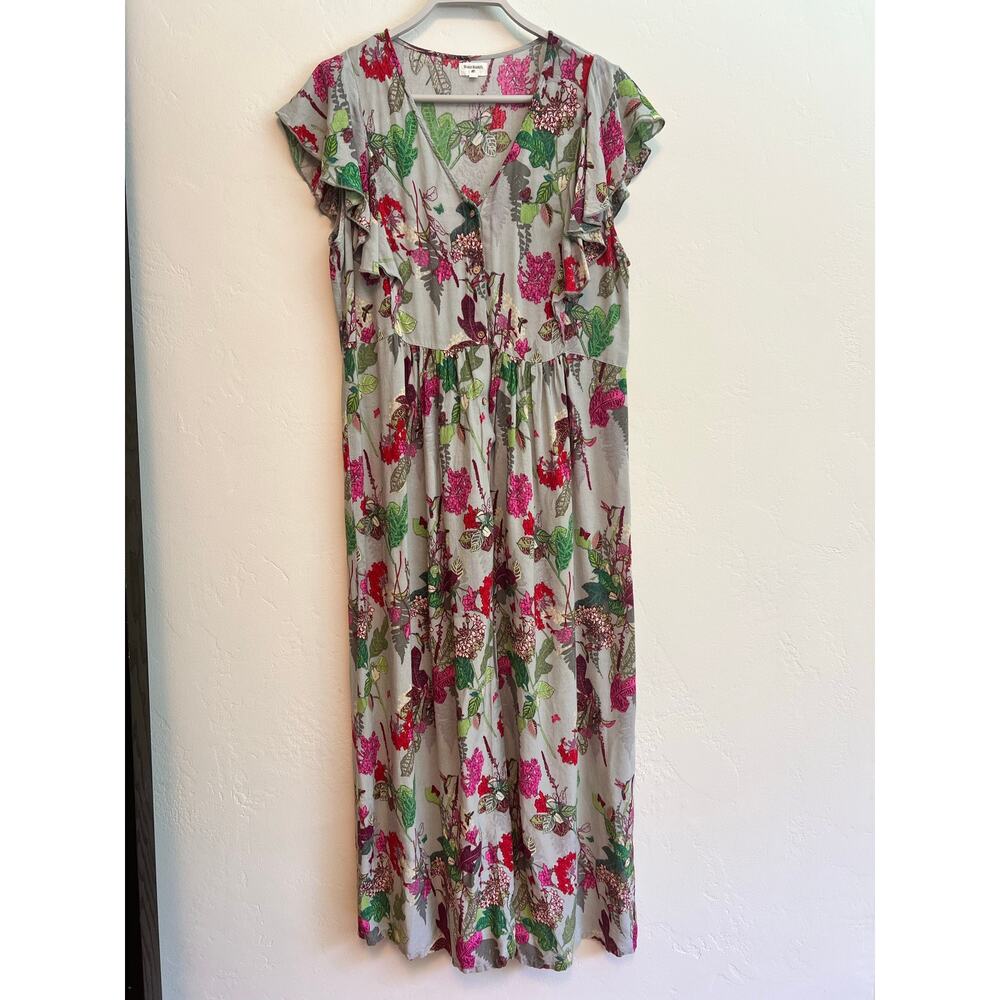 World Market Cost Plus Gray Floral Ruffle Sleeve Maxi House Dress Size: L/XL